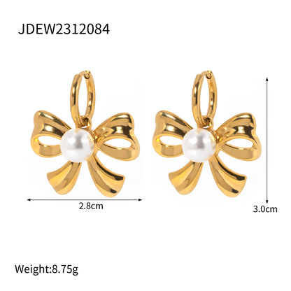 1 Pair IG Style Bow Knot Inlay Stainless Steel Artificial Pearls 18K Gold Plated Drop Earrings