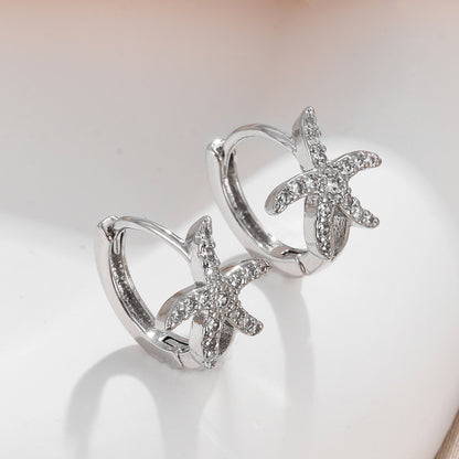 1 Pair Elegant Cute Starfish Copper Zircon Silver Plated Hoop Earrings