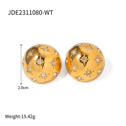 1 Pair IG Style Round Star Inlay Stainless Steel Rhinestones 18K Gold Plated Ear Studs