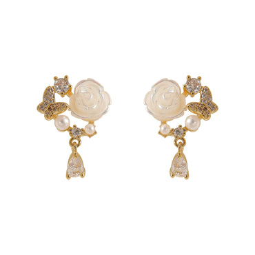 1 Pair Vacation Sweet Flower Butterfly Inlay Copper Pearl Zircon 18K Gold Plated Drop Earrings