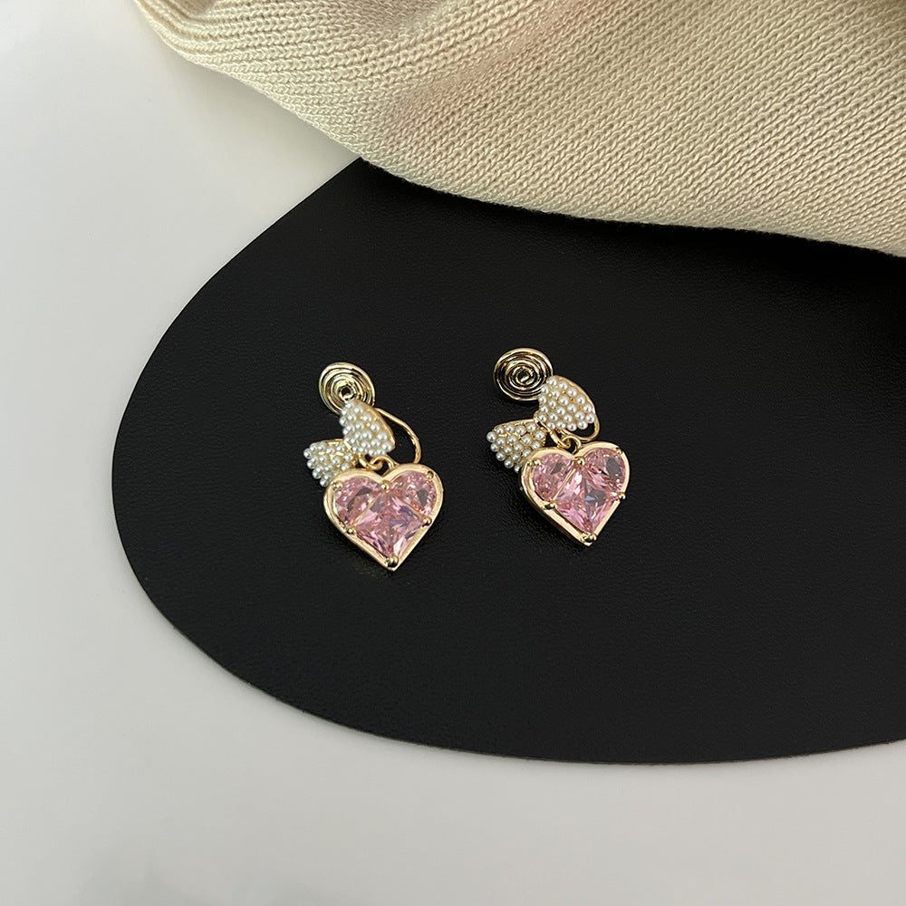 1 Pair Elegant Sweet Shiny Heart Shape Bow Knot Inlay Copper Pearl Zircon 18K Gold Plated Drop Earrings Ear Cuffs