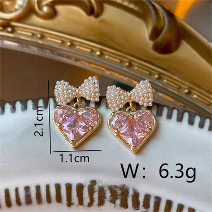 1 Pair Elegant Sweet Shiny Heart Shape Bow Knot Inlay Copper Pearl Zircon 18K Gold Plated Drop Earrings Ear Cuffs