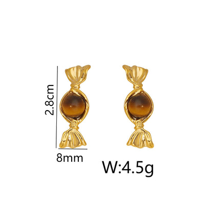 1 Pair Funny Bohemian Sweet Candy Inlay Copper Natural Stone 18K Gold Plated Ear Studs