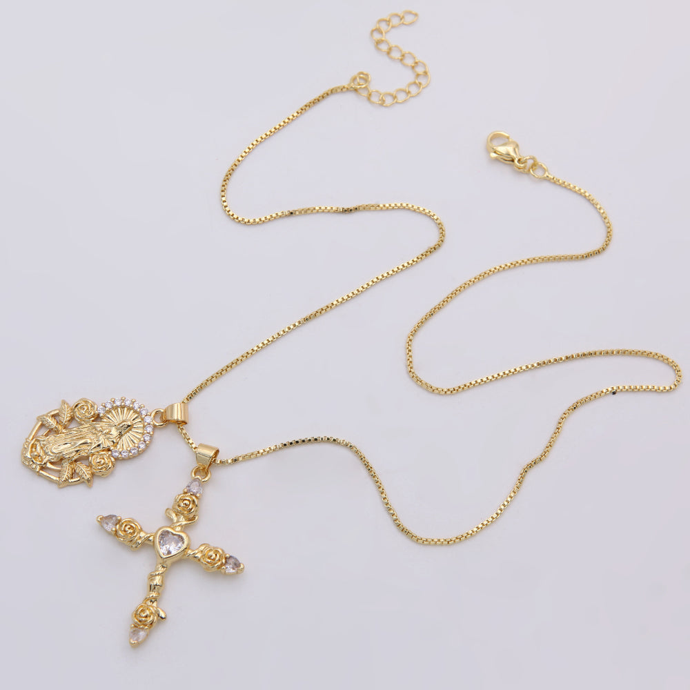 Copper 18K Gold Plated IG Style Shiny Cross Virgin Mary Rose Inlay Zircon Pendant Necklace