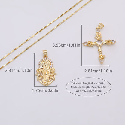 Copper 18K Gold Plated IG Style Shiny Cross Virgin Mary Rose Inlay Zircon Pendant Necklace