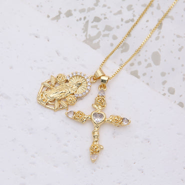 Copper 18K Gold Plated IG Style Shiny Cross Virgin Mary Rose Inlay Zircon Pendant Necklace