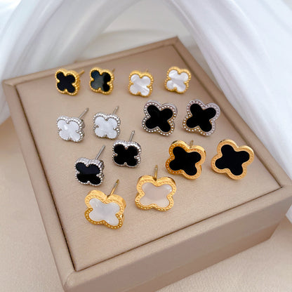 1 Pair Simple Style Round Heart Shape Flower Plating Inlay Titanium Steel Shell Zircon Ear Studs