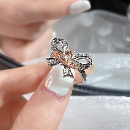 Wholesale IG Style Bow Knot Copper Plating Inlay Artificial Pearls Rhinestones Open Rings