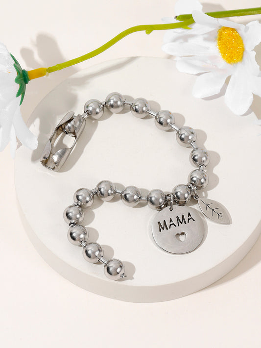 Stainless Steel Casual MAMA Simple Style Letter Leaves Beaded Carving Bracelets