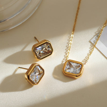 Stainless Steel Simple Style Square Plating Inlay Zircon Earrings Necklace