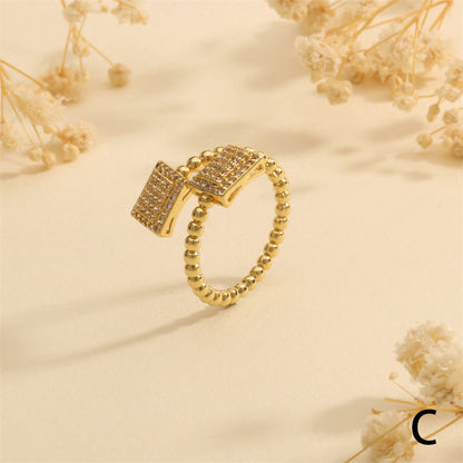 Wholesale IG Style Modern Style Round Square Copper Layered Inlay 18K Gold Plated Zircon Open Rings