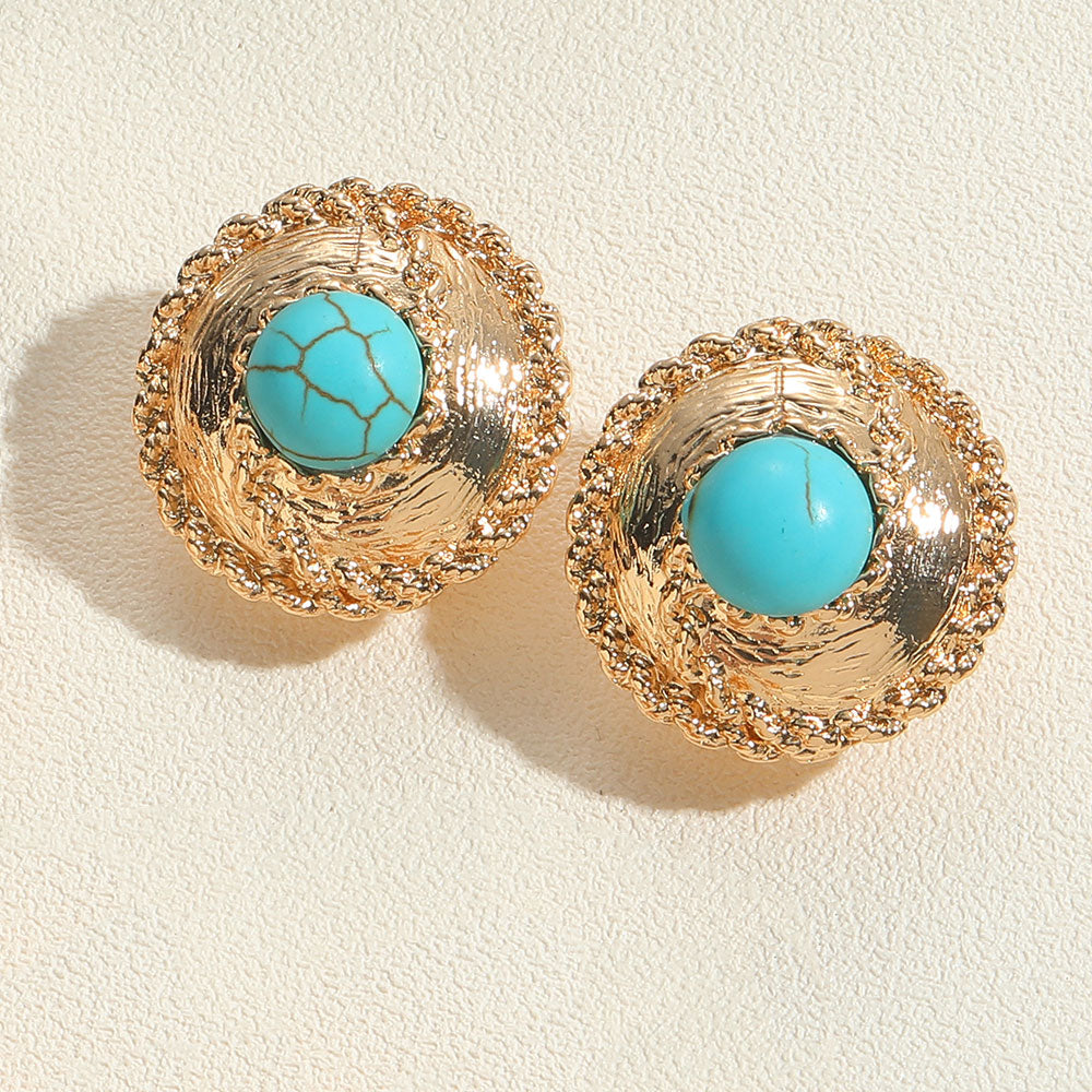 1 Pair Vintage Style Simple Style Commute Geometric Round Inlay Copper Turquoise Pearl 14K Gold Plated Ear Studs