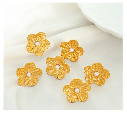 1 Pair Sweet Flower Inlay Titanium Steel Artificial Pearls 18K Gold Plated Ear Studs