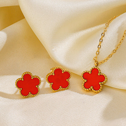 Stainless Steel 18K Gold Plated Simple Style Flower Inlay Shell Earrings Necklace