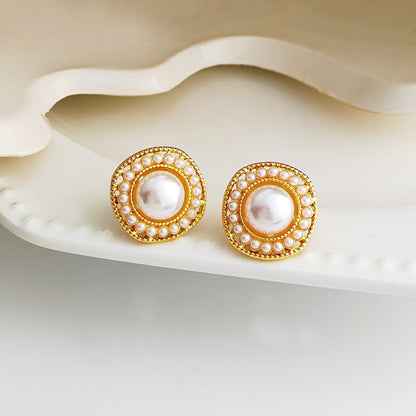 1 Pair IG Style Simple Style Round Inlay Alloy Pearl K Gold Plated Ear Studs