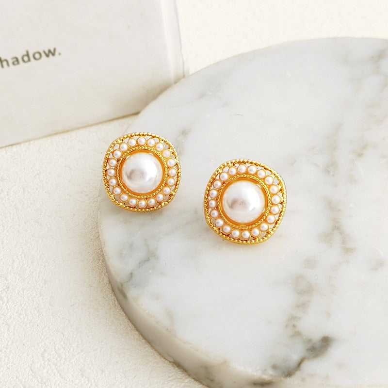 1 Pair IG Style Simple Style Round Inlay Alloy Pearl K Gold Plated Ear Studs