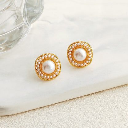 1 Pair IG Style Simple Style Round Inlay Alloy Pearl K Gold Plated Ear Studs