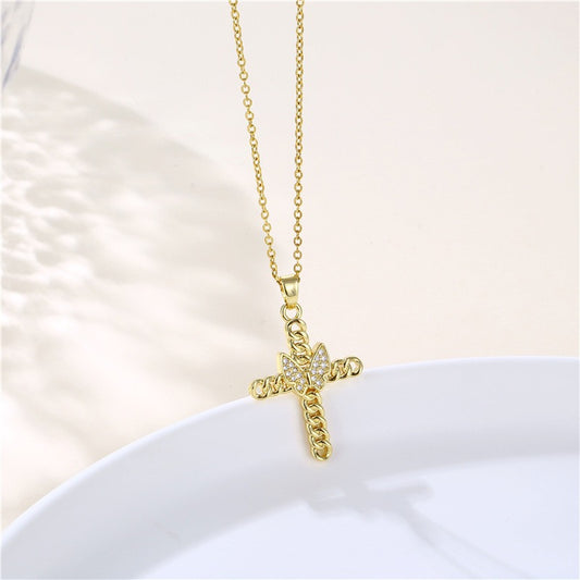 Casual Simple Style Cross Butterfly Stainless Steel Alloy Artificial Diamond Unisex Pendant Necklace