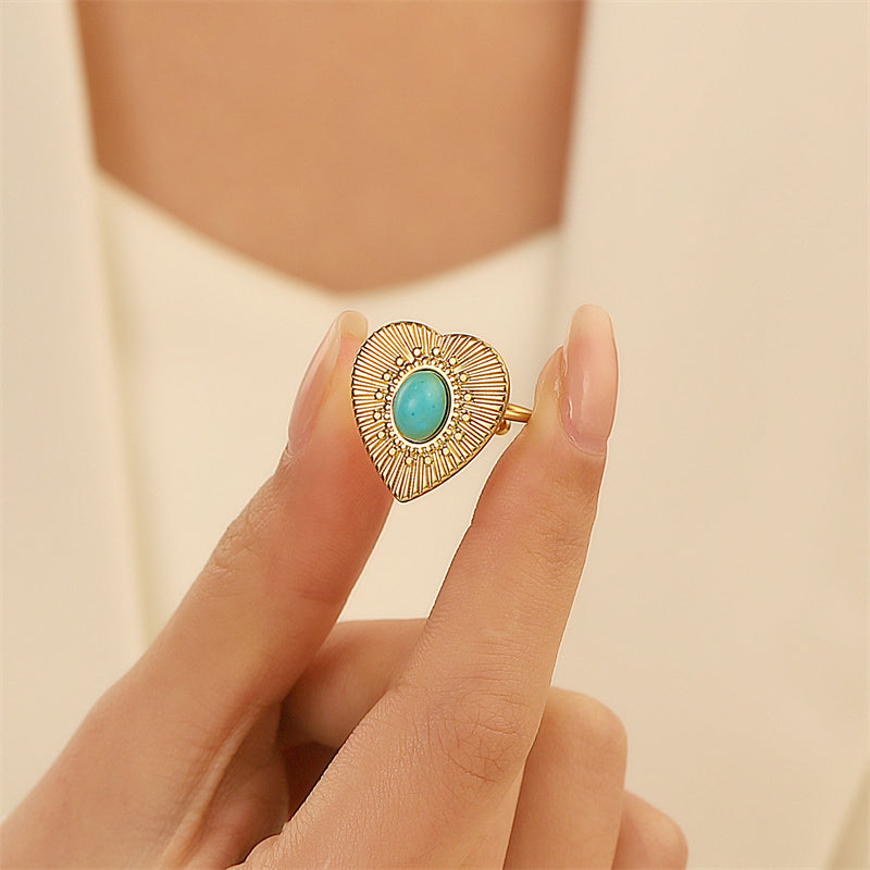 Titanium Steel 18K Gold Plated Casual Elegant Sun Heart Shape Turquoise Open Rings