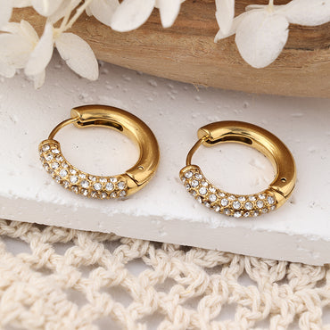1 Pair IG Style Casual Geometric Stainless Steel Rhinestones 18K Gold Plated Hoop Earrings