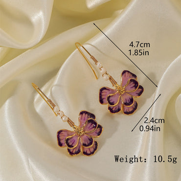 1 Pair Vacation Flower Enamel Inlay Copper Freshwater Pearl 18K Gold Plated Drop Earrings