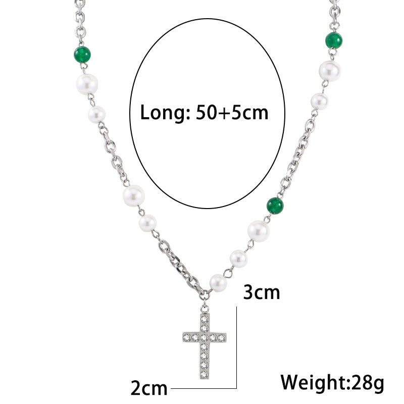 IG Style Cross Stainless Steel Imitation Pearl Polishing Inlay Rhinestones Unisex Pendant Necklace