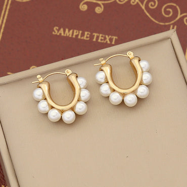 1 Pair IG Style Simple Style C Shape Solid Color Inlay Stainless Steel Artificial Pearls Zircon 18K Gold Plated Ear Studs
