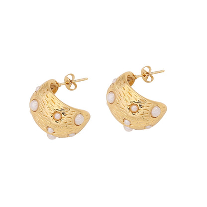 1 Pair IG Style Simple Style C Shape Solid Color Inlay Stainless Steel Artificial Pearls Zircon 18K Gold Plated Ear Studs