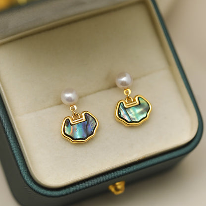 1 Pair Elegant Sweet Lock Inlay Copper Pearl Shell 18K Gold Plated Drop Earrings