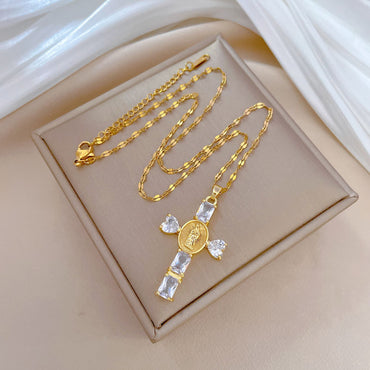 Titanium Steel Copper IG Style Shiny Cross Inlay Artificial Gemstones Pendant Necklace