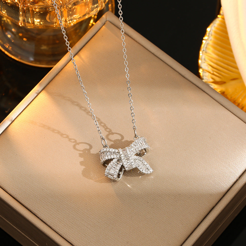 Stainless Steel Gold Plated Silver Plated Casual Commute Heart Shape Mermaid Bow Knot Hollow Out Inlay Zircon Pendant Necklace