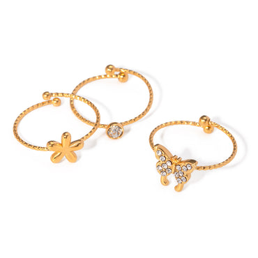Stainless Steel 18K Gold Plated Simple Style Flower Butterfly Plating Inlay Rhinestones Rings