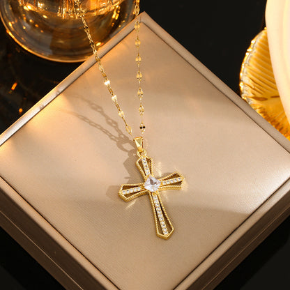 Stainless Steel Gold Plated Silver Plated Casual Commute Cross Inlay Zircon Pendant Necklace