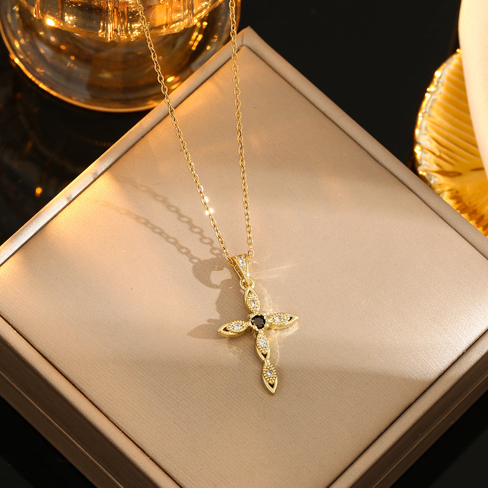 Stainless Steel Gold Plated Silver Plated Casual Commute Cross Inlay Zircon Pendant Necklace