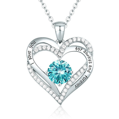 Sterling Silver MAMA Simple Style Shiny Letter Heart Shape Inlay Birthstone Zircon Pendant Necklace