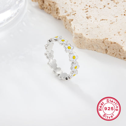 Sweet Pastoral Flower Sterling Silver Enamel White Gold Plated Women's Rings Earrings