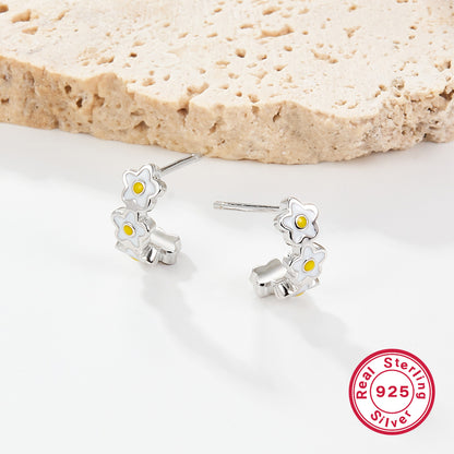 Sweet Pastoral Flower Sterling Silver Enamel White Gold Plated Women's Rings Earrings