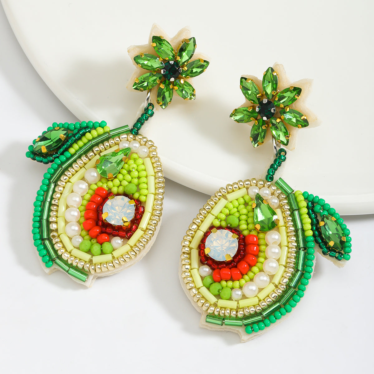 1 Pair Cute Pear Inlay Seed Bead Rhinestones Drop Earrings