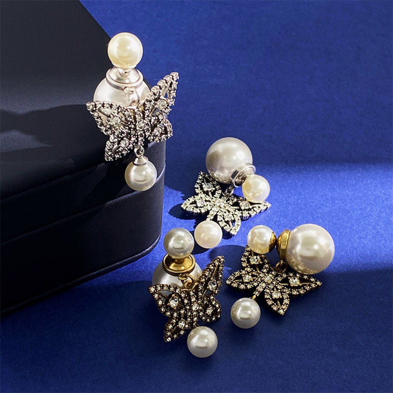 1 Pair Simple Style Commute Butterfly Plating Inlay Copper Rhinestones Pearl 18K Gold Plated Drop Earrings