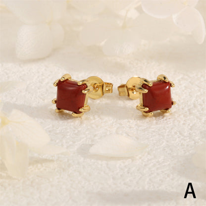 1 Piece Vintage Style Commute Round Square Plating Inlay Copper Natural Stone 18K Gold Plated Ear Studs