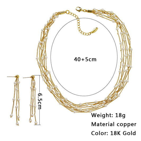 Copper 18K Gold Plated Elegant Glam Geometric Beaded Inlay Artificial Pearls Earrings Necklace