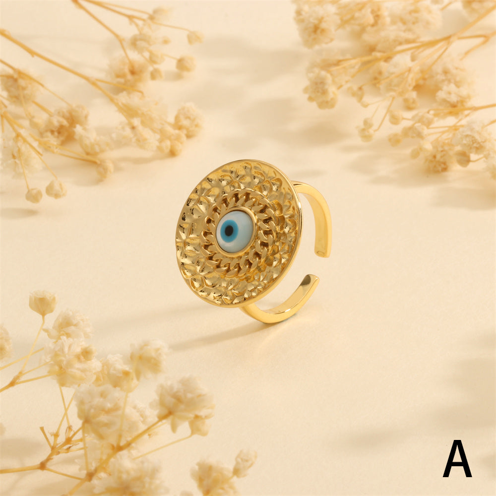 Wholesale Vintage Style Ethnic Style Round Square Eye Copper Plating Inlay 18K Gold Plated Zircon Open Rings