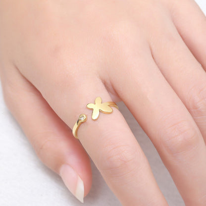 Stainless Steel 18K Gold Plated Sweet Heart Shape Butterfly Open Rings