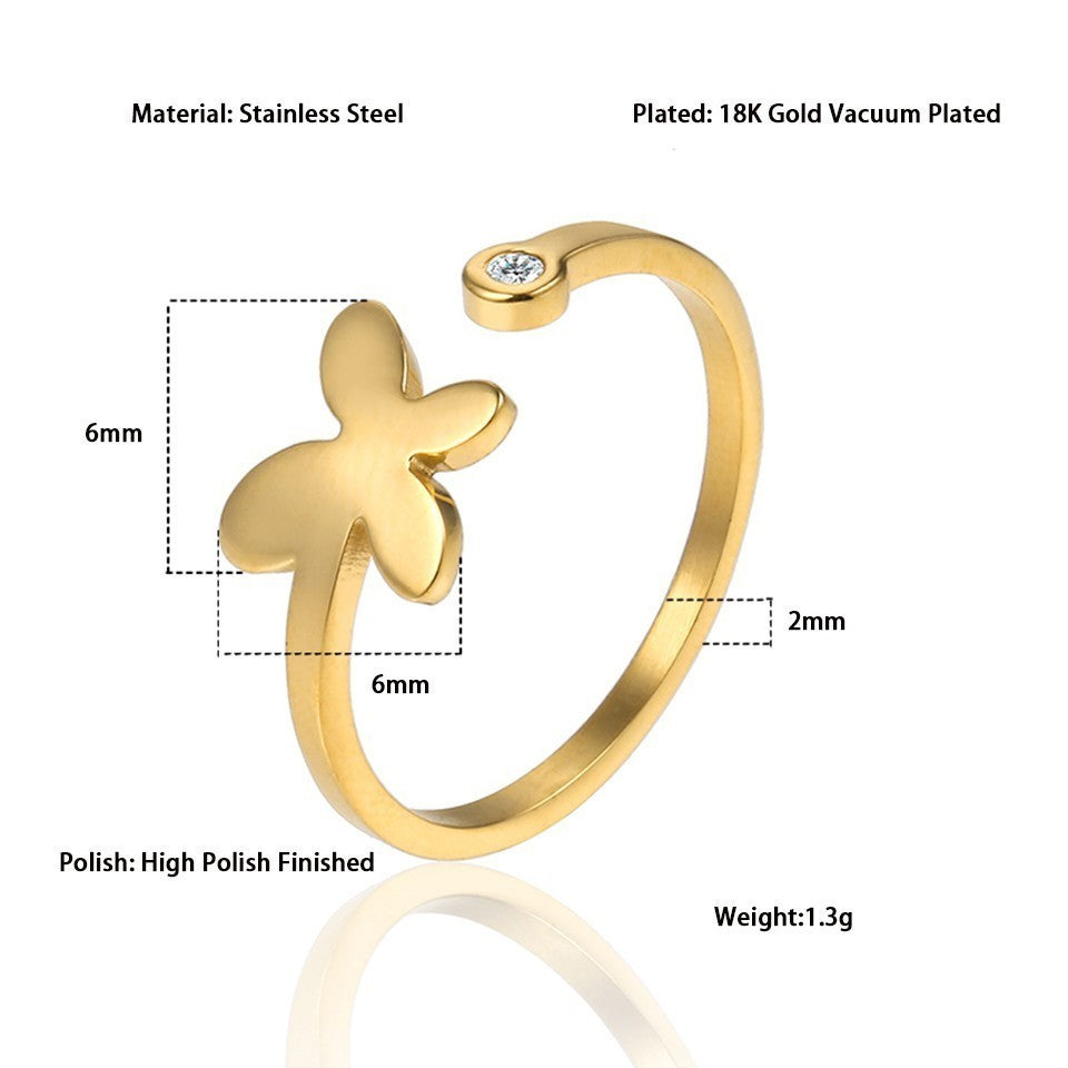 Stainless Steel 18K Gold Plated Sweet Heart Shape Butterfly Open Rings