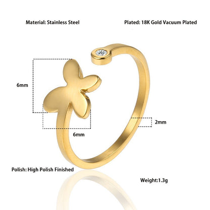 Stainless Steel 18K Gold Plated Sweet Heart Shape Butterfly Open Rings