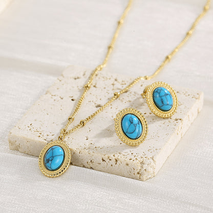 Stainless Steel Simple Style Oval Inlay Turquoise Earrings Necklace