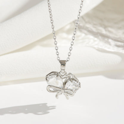 Stainless Steel Gold Plated Silver Plated Casual Commute Heart Shape Bow Knot Plating Diamond Zircon Pendant Necklace