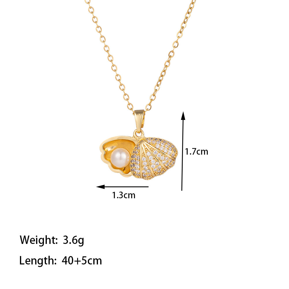 Titanium Steel 18K Gold Plated Casual Simple Style Conch Shell Polishing Plating Inlay Artificial Rhinestones Pendant Necklace