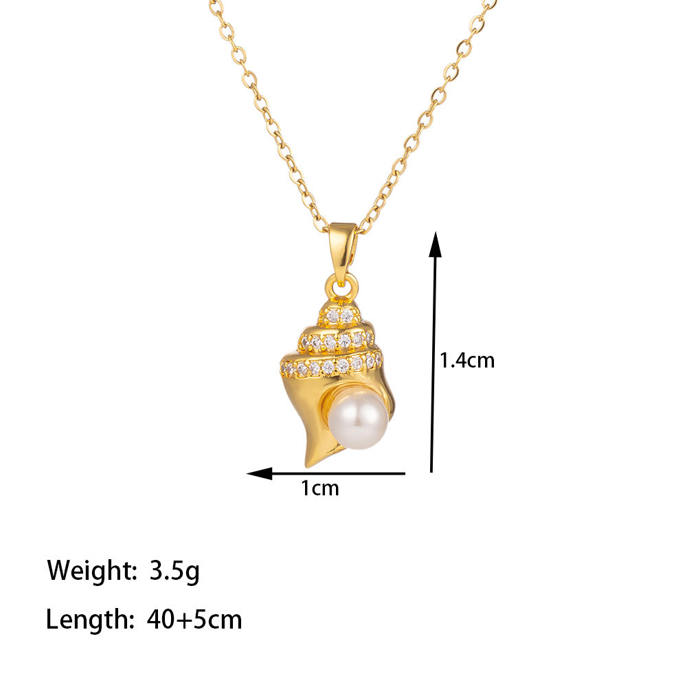 Titanium Steel 18K Gold Plated Casual Simple Style Conch Shell Polishing Plating Inlay Artificial Rhinestones Pendant Necklace