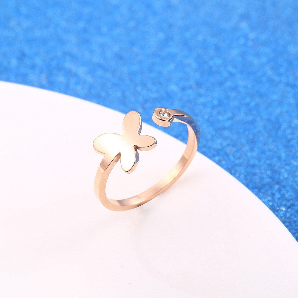 Stainless Steel 18K Gold Plated Sweet Heart Shape Butterfly Open Rings